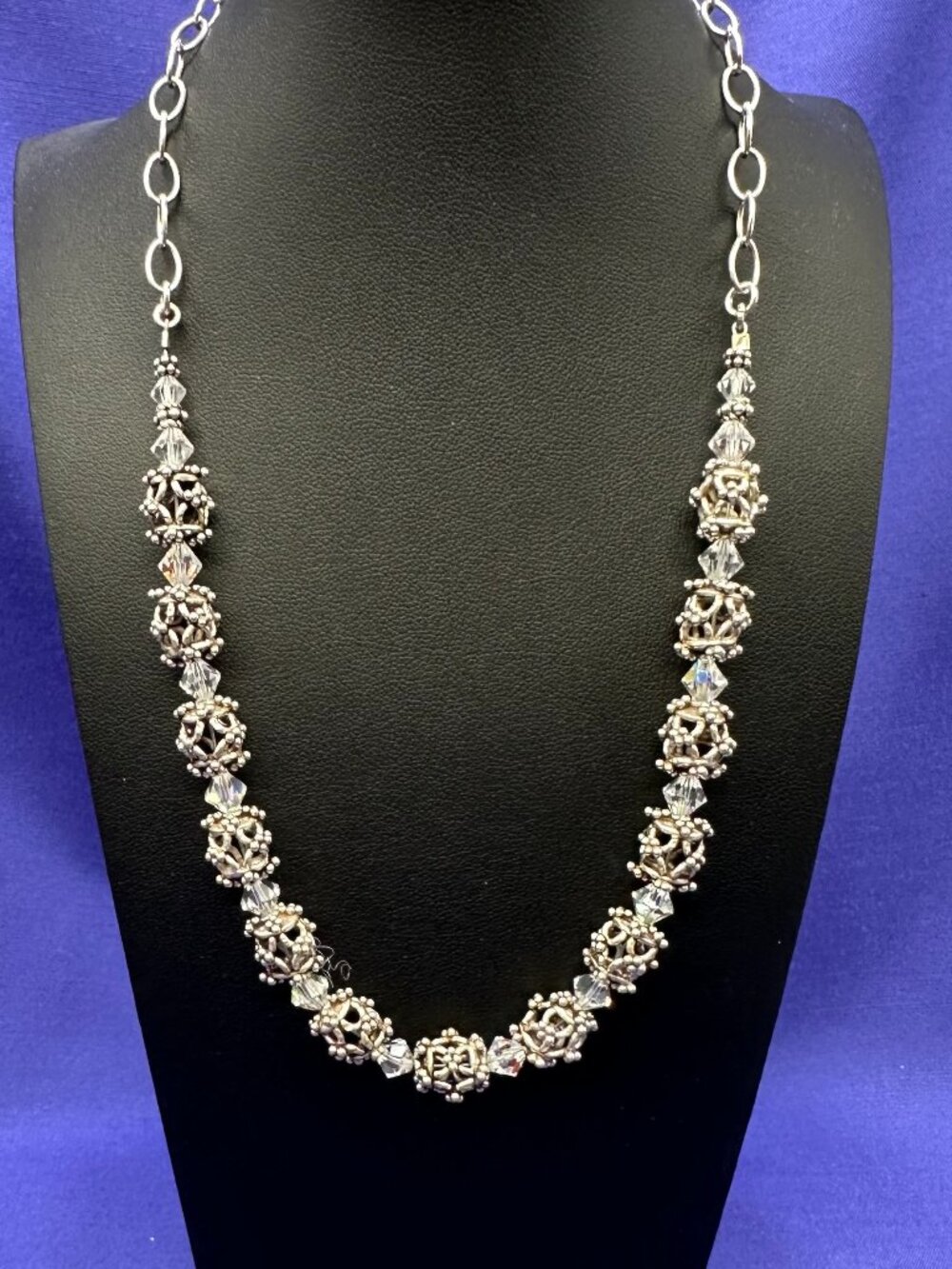 Sterling Silver .925 Open Work Ball Bead & AB Crystal Necklace